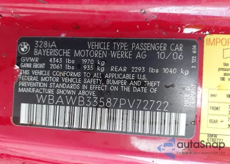 2007 BMW 328I I из США, поврежденный, VIN WBAWB33587PV72722